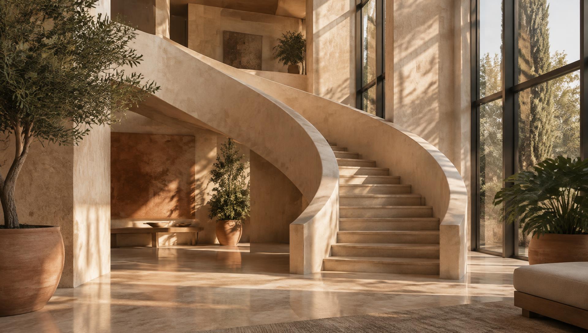 Sunlit limestone atrium with a curved staircase